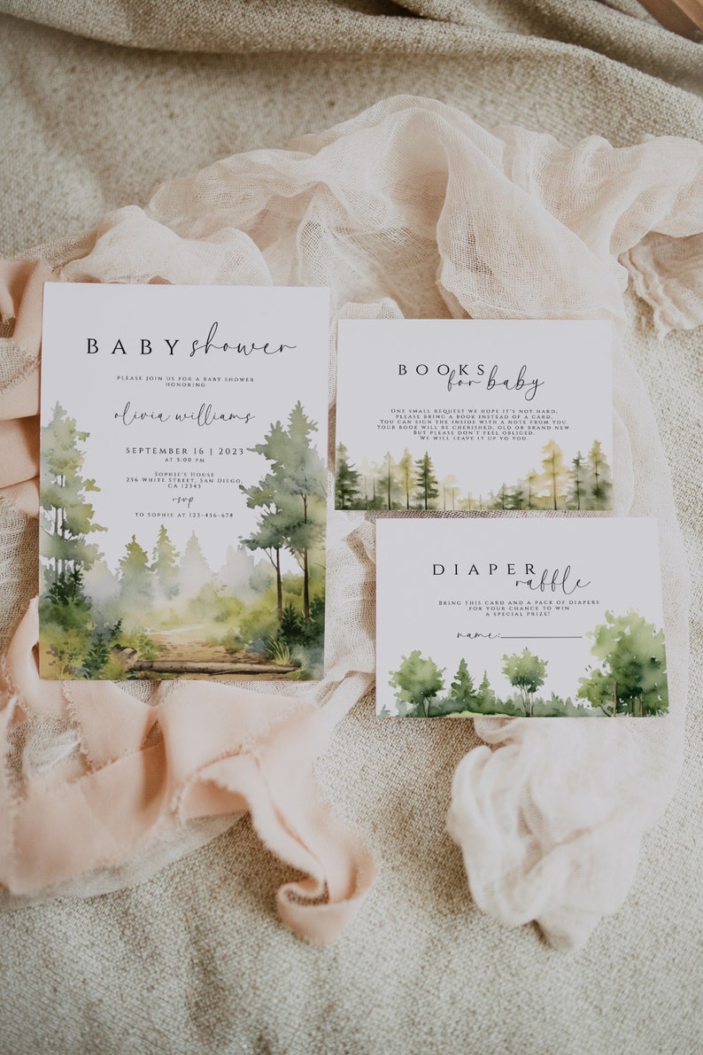May include: Three cards with a woodland theme, featuring watercolour-style illustrations. The first card is a baby shower invitation for Olivia Williams on 16 September 2023, at 1:00 PM. The second card requests guests to bring a book instead of a card for the baby. The third card is a diaper raffle card.
