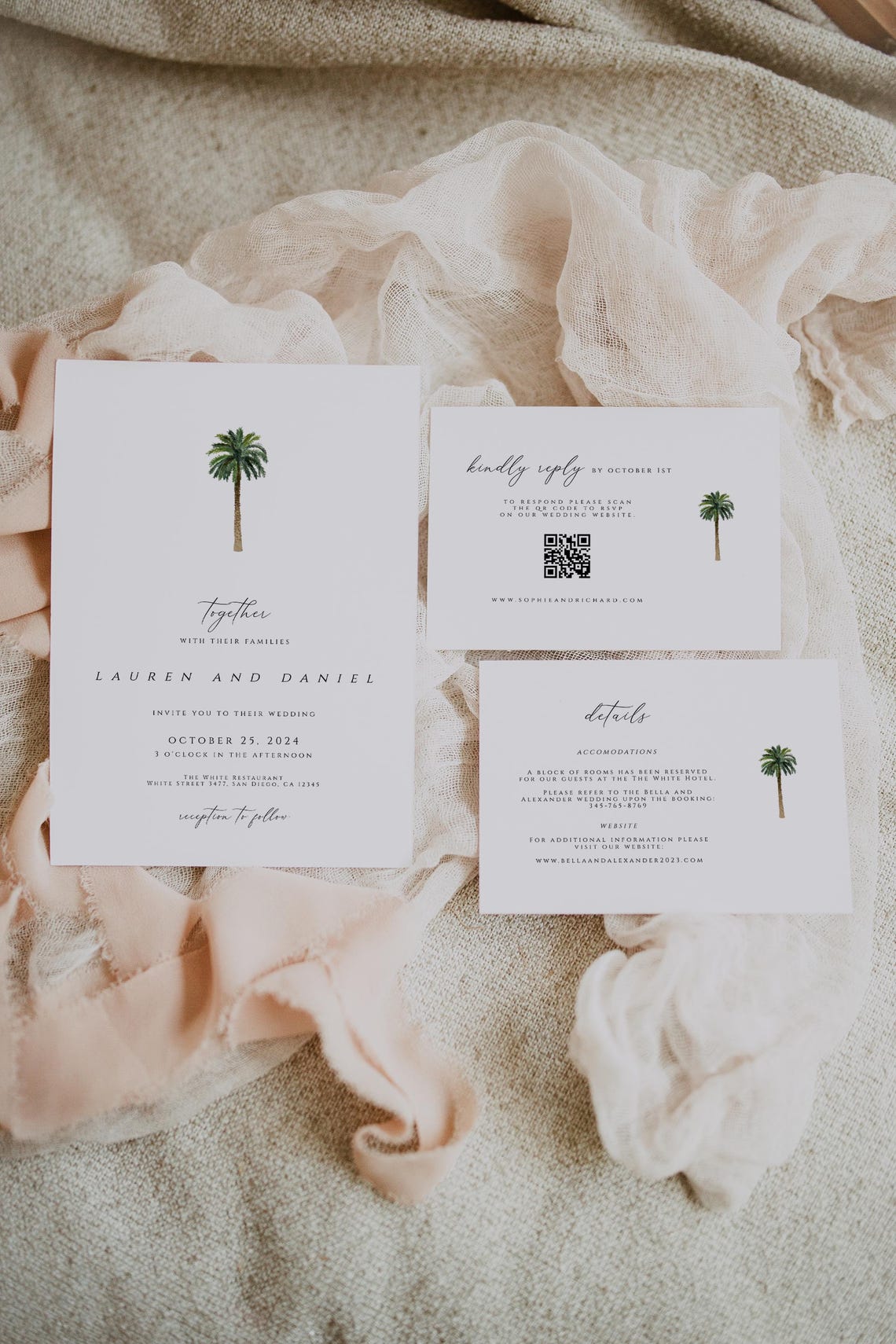 Palm Tree Wedding Invitation Template Set, Printable Wedding Invitation ...