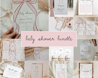 Pink Bow Baby Shower Invitation Bundle Printable Pink Coquette Baby Girl Shower Template Editable Games Pastel Pink Baby Shower Decor