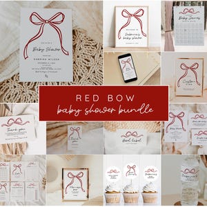 May include: A printable baby shower bundle featuring a red bow theme. The bundle includes invitations, thank you cards, food labels, a welcome sign, a game, and cupcake toppers. The text on the invitation reads "You are invited to a Baby Shower honouring Sabrina Wilson".