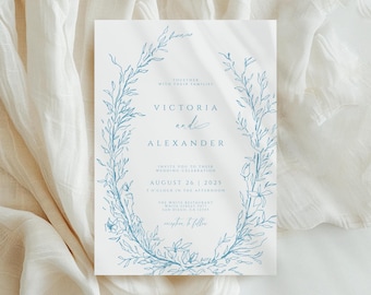 Dusty Blue Wedding Invitation Suite Editable Vintage Floral Invite Set Printable Template Classic Coquette Digital Invite Instant Download
