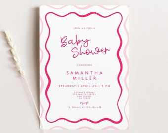 Pink Wave Baby Shower Invitation Template: Wavy Girl Invite (Digital Download 5x7" )
