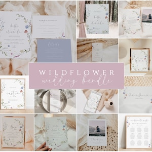 May include: A collection of printable wedding stationery featuring a floral wreath design with the text "Belle & Alexander" and "Wildflower Wedding Bundle". The stationery includes invitations, RSVP cards, details cards, table numbers, and thank you cards.
