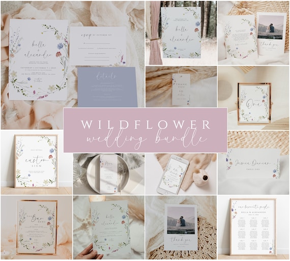 Wildflower Wedding Invitation Bundle, Floral Wedding Invitation Package, Spring Wedding Invitation Suite Template, Wedding Kit, Stationery