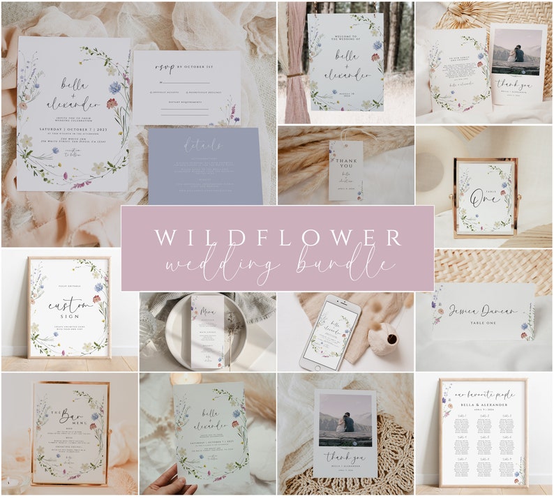 May include: A collection of printable wedding stationery featuring a floral wreath design with the text "Belle & Alexander" and "Wildflower Wedding Bundle". The stationery includes invitations, RSVP cards, details cards, table numbers, and thank you cards.