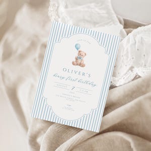 Blue teddy bear beary first birthday invitation template for boy 1st birthday party printable editable digital download