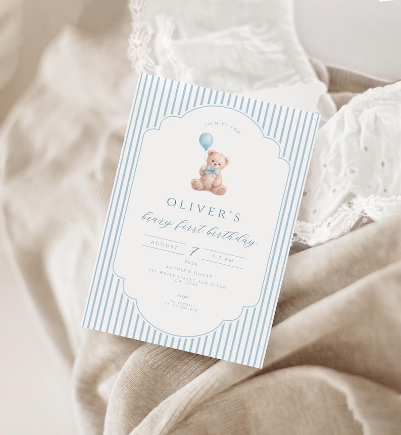 Blue teddy bear beary first birthday invitation template for boy 1st birthday party printable editable digital download