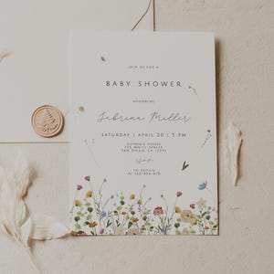 Wildflower babyshower uitnodiging, wilde bloemen boho babyshower uitnodigen, tuin bloemen weide, afdrukbare bewerkbare sjabloon, Instant Download