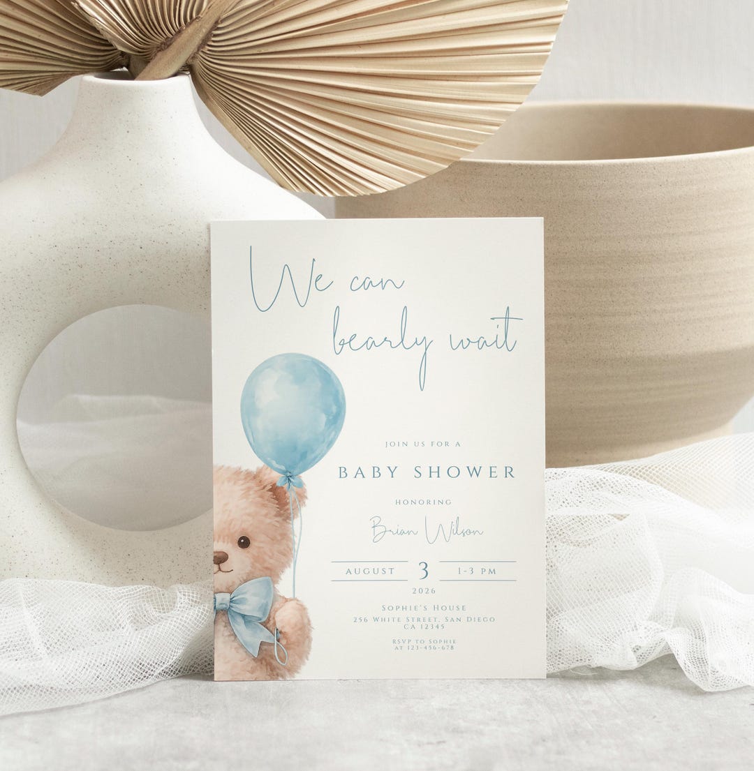 We Can Bearly Wait Baby Shower Invitation Blue Teddy Bear Boy Baby ...