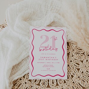 May include: Pink and white birthday invitation with the number 21 in pink and white with the word "birthday" in pink script. The invitation reads "Join us to celebrate Samantha's 21st Birthday, Saturday April 20 | 5 PM, Sophie's House, 256 White Street, San Diego, CA 12345, RSVP to Sophie at 123-456-678"
