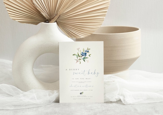 Berry Sweet Blueberry Baby Shower Invitation, Berry Themed Baby Shower Invite, A Berry Sweet Baby is on the Way, Editable Template, Download