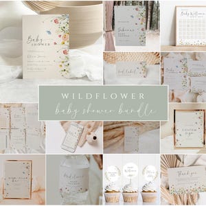 Bearbeitbares Wildblumen-Babypartyeinladungspaket, Mädchen-Babypartyspiele, druckbare Blumen-Babypartydekorationen, Vorlagen-Download