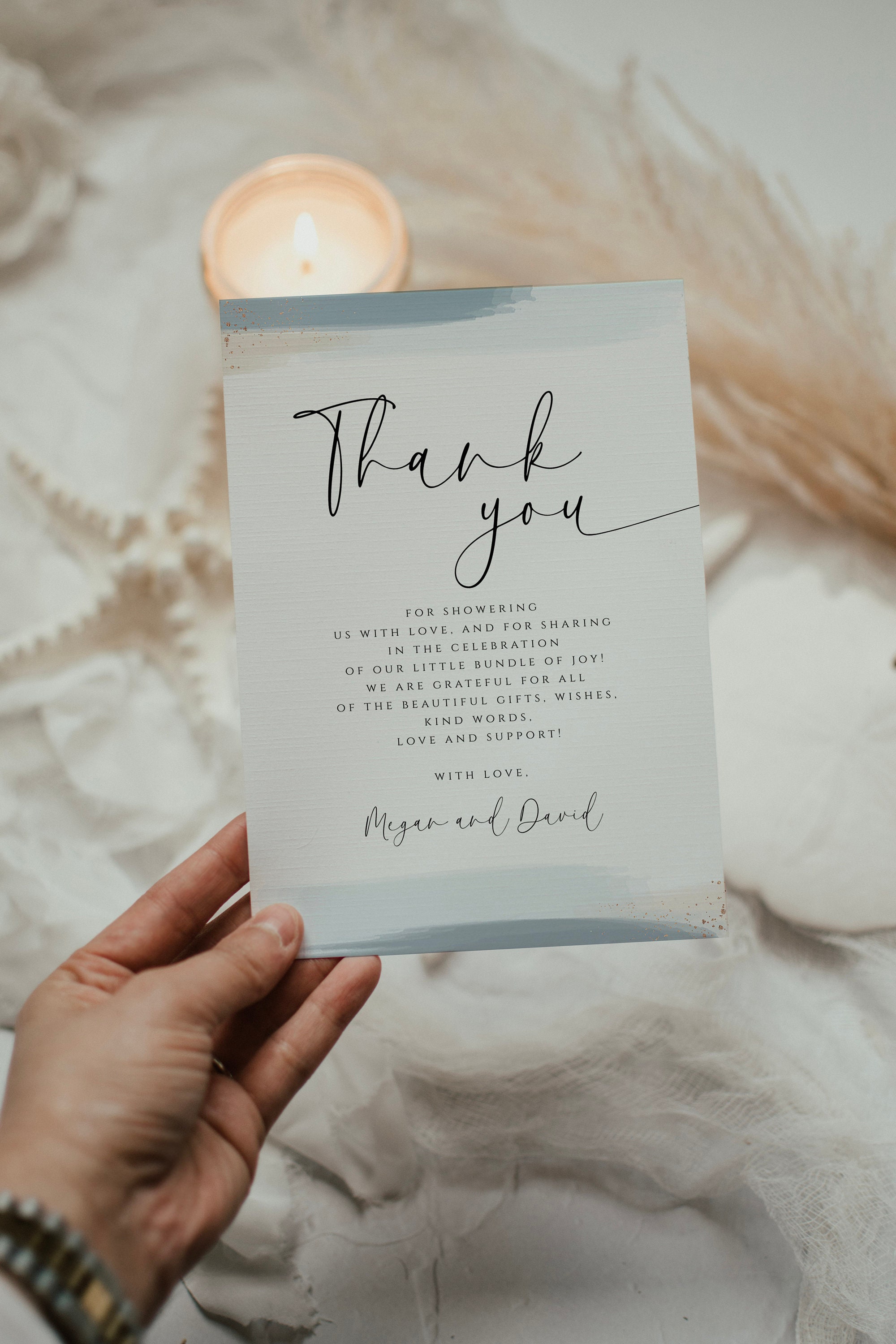 EDITABLE Oh Boy Baby Shower Thank You Flat Note Card Dusty Blue Thank ...