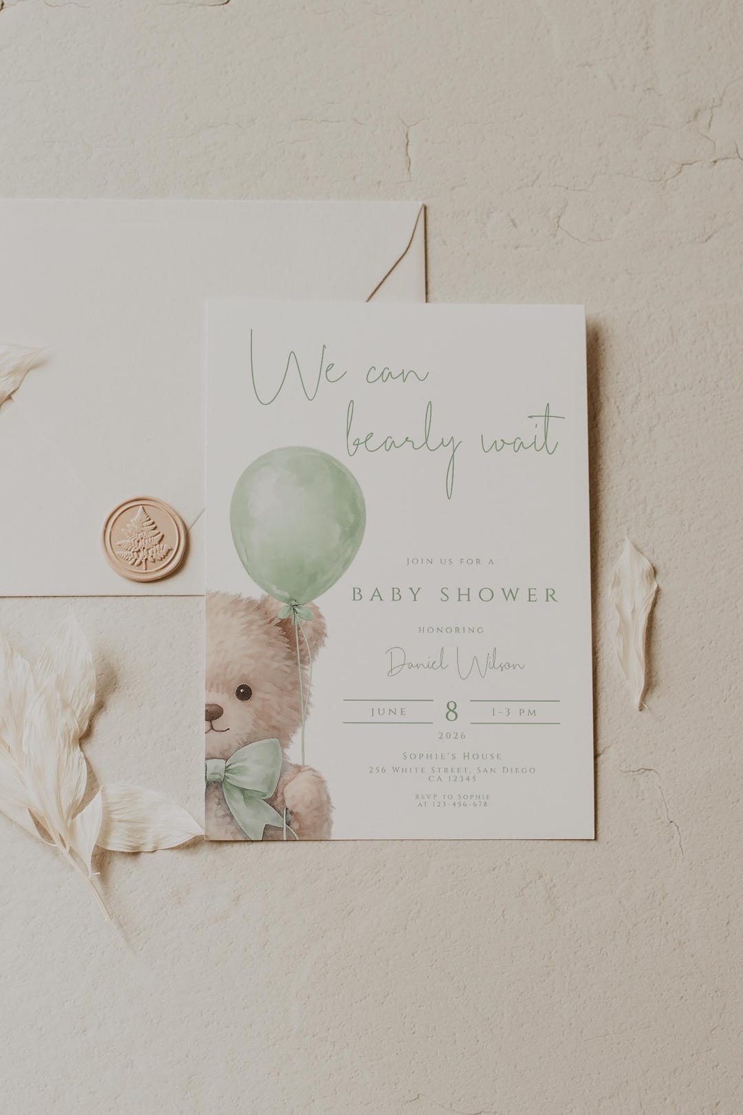We Can Bearly Wait Teddy Bear Baby Shower Boy Invitation Green Bear ...