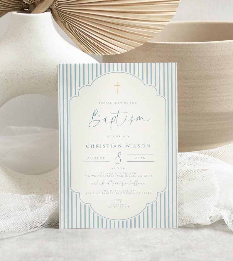 modern baptism card for baby boy with elegant simple layout