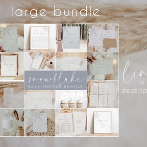 Pode incluir: Um grande pacote de decora&ccedil;&otilde;es imprim&iacute;veis para ch&aacute; de beb&ecirc; com tema de floco de neve. O pacote inclui convites, cart&otilde;es de agradecimento, uma placa de boas-vindas, um jogo e muito mais. As decora&ccedil;&otilde;es est&atilde;o em um esquema de cores azul claro e cinza.