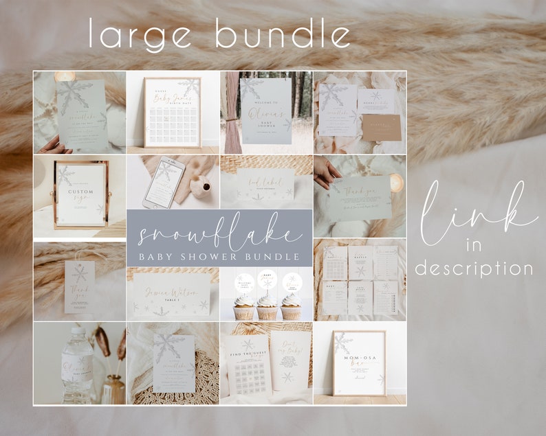 Pode incluir: Um grande pacote de decora&ccedil;&otilde;es imprim&iacute;veis para ch&aacute; de beb&ecirc; com tema de floco de neve. O pacote inclui convites, cart&otilde;es de agradecimento, uma placa de boas-vindas, um jogo e muito mais. As decora&ccedil;&otilde;es est&atilde;o em um esquema de cores azul claro e cinza.