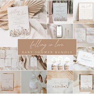 Peut inclure: Ensemble de papeterie pour baby shower avec un motif floral. Comprend des invitations, des panneaux de bienvenue, des plans de table et des cartes de remerciement. Le texte "Falling in Love" et "Baby Shower Bundle" est visible.