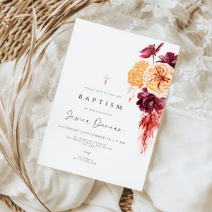 Boho Fall Baptism Invitation Template, Burgundy Orange Floral Baptism Invitation, INSTANT DOWNLOAD, Editable Terracotta Christening Invites image 5