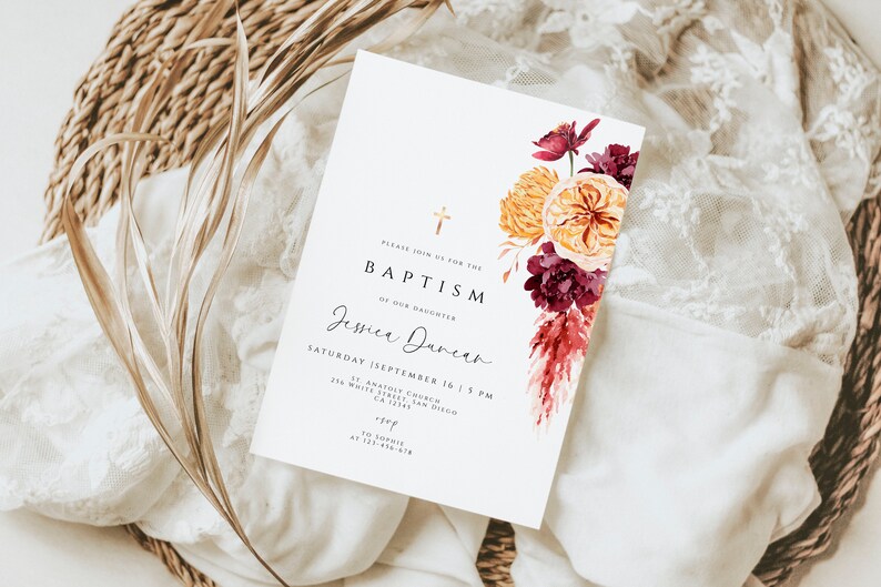 Boho Fall Baptism Invitation Template, Burgundy Orange Floral Baptism Invitation, INSTANT DOWNLOAD, Editable Terracotta Christening Invites image 5