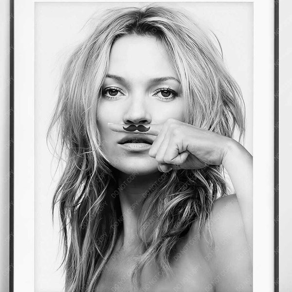 Kate Moss Mustache, Black and white photography, Moustache, super model - Vintage - High Quality Print