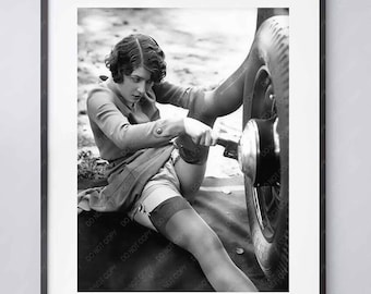 Woman in Stockings Changing Car Tire Print, Naughty Biederer Postcard, 1920s, Vintage - High Quality Print