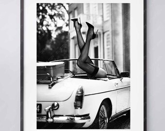 Sexy legs in Heels Print - MGB car - Vintage Print - Black and White Photography - High Quality Print