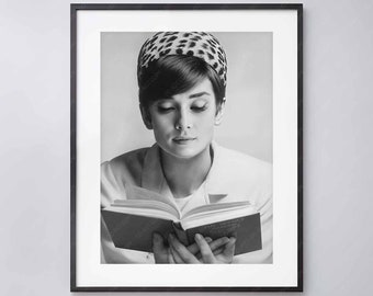 Audrey Hepburn Reading Book Print - Vintage Hollywood Icon Wall Art - Retro Celebrity Home Decor  - High Quality Print