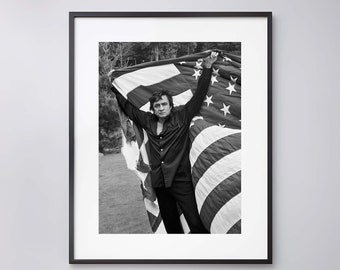 Johnny Cash holding the American Flag, 1974. Vintage - High Quality Print