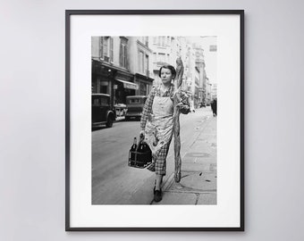 A French Woman with her baguette and bottles of wine, Paris, France 1945, Vintage - High Quality Print