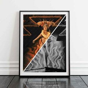 May include: Framed art print featuring a split image of a woman with a snake. The left side is in color, with orange and gold tones, while the right side is grayscale. The print includes text at the bottom: "PLEASE CHOOSE COLOR STYLE FROM DROP-DOWN MENU".