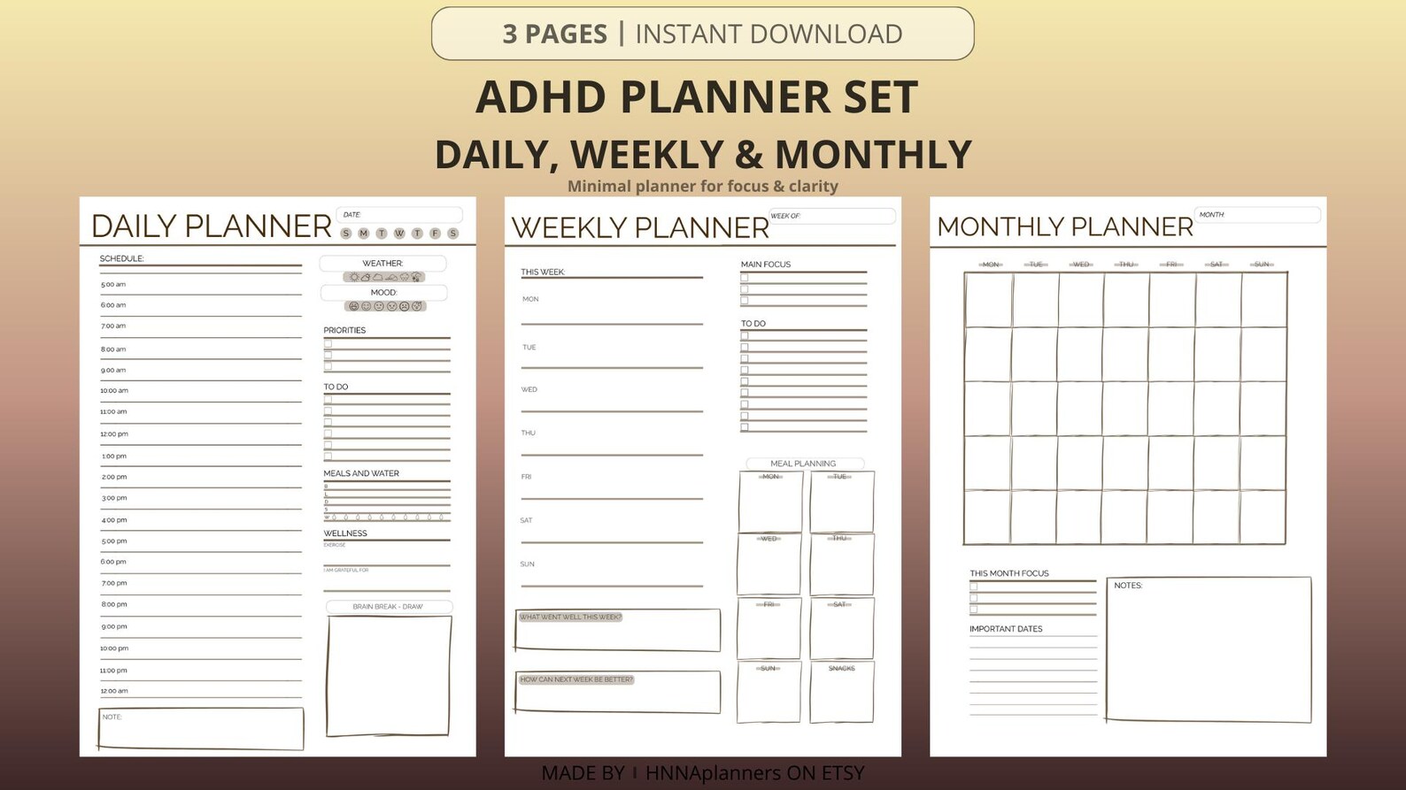 Simple ADHD Planner Printable | Daily Weekly Monthly | Minimal Focus ...
