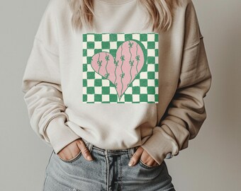 Cozy Heart Sweatshirt for Women • Minimalist Valentine Crewneck • Everyday Pullover • Simple Heart Gift Green Checked heart