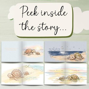 Może przedstawiać: Książka dla dzieci z ilustracjami ż&oacute;łwi na plaży. Tekst "Peek inside the story..." znajduje się na g&oacute;rze. Strony książki pokazują ż&oacute;łwie z frazami takimi jak "I love you, Bonus Dad..." i "We make tracks together in the sun."