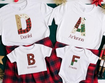 Personalized Matching Family Patchwork shirt, Quilt letter tshirt, Custom Family Name outfits, Christmas Eve outfit, Xmas Quilt tee