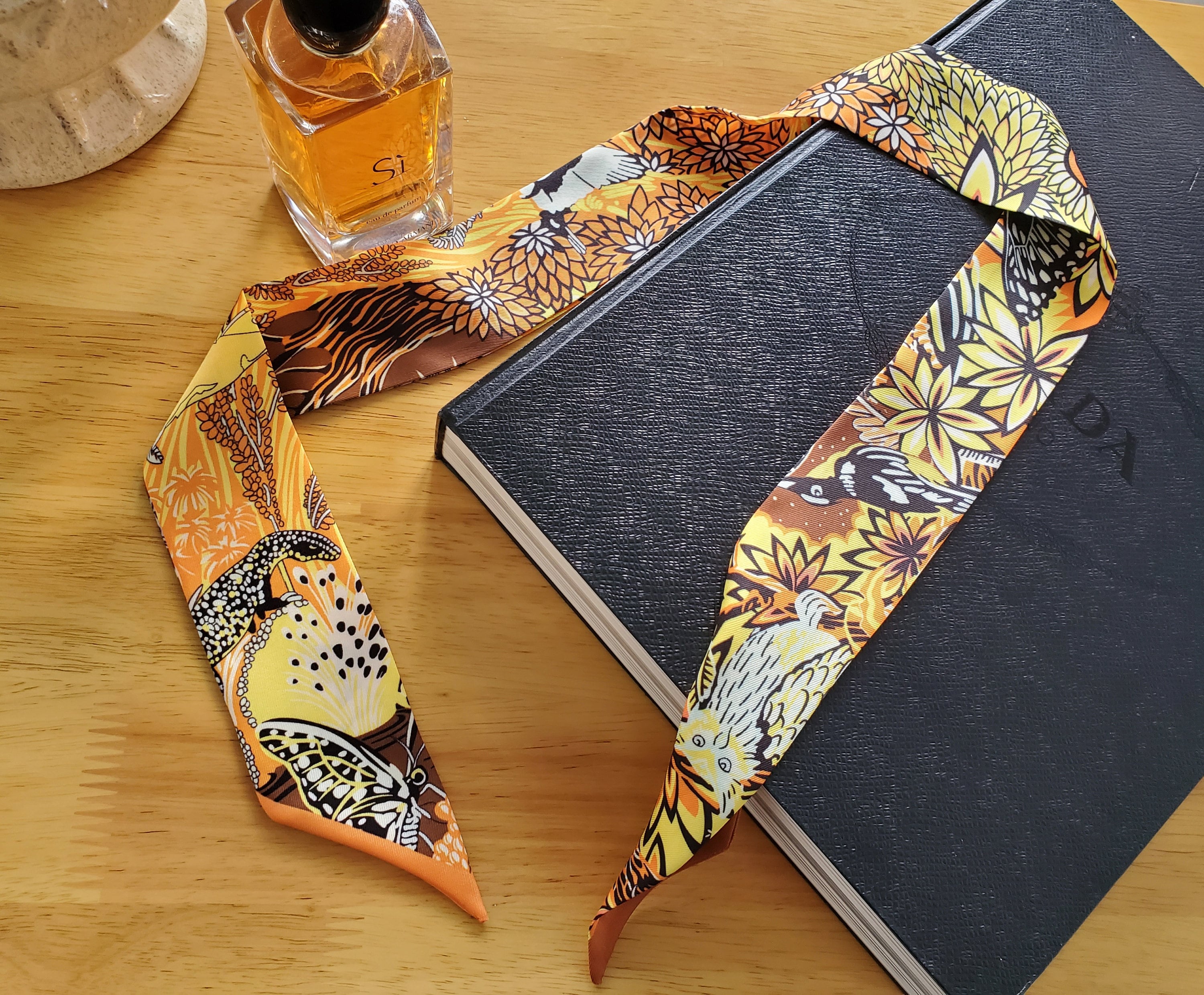 Dark Forest Skinny Scarf: Owl, Birds, Butterflies - 90cm x 5cm