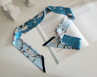 Magnolia Cherry Blossom Skinny Scarf: Oriental Style Polyester Hair Necktie