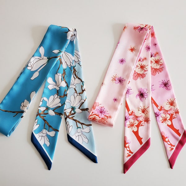 126cm*6cm Magnolia and Cherry Blossoms Oriental Style Long Skinny Scarf, for neck, hair, bags, handles