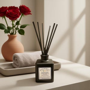 May include: A black square diffuser bottle with reeds, labeled "MADE PURE CO NEWPORT". The bottle sits on a tray with a rolled towel and a terracotta vase with red roses. The diffuser is a home fragrance product.