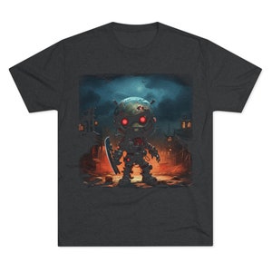 Könnte beinhalten: Ein dunkelgraues T-Shirt mit einem Grafikdruck eines Roboters in einer postapokalyptischen Umgebung. Der Roboter trägt einen Helm mit rot leuchtenden Augen und hält eine Waffe.