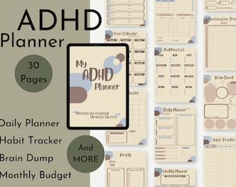 May include: An ADHD planner with 30 pages, featuring a daily planner, habit tracker, brain dump, and monthly budget. The cover reads "My ADHD Planner" with the text "Identify the essential. Eliminate the rest." Additional pages include a year calendar and shopping list.
