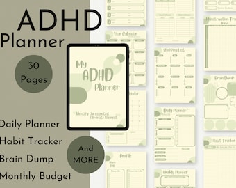 May include: An ADHD planner with 30 pages, featuring a daily planner, habit tracker, brain dump, and monthly budget. The planner includes a year calendar, shopping list, and menstruation tracker. The cover reads "My ADHD Planner."