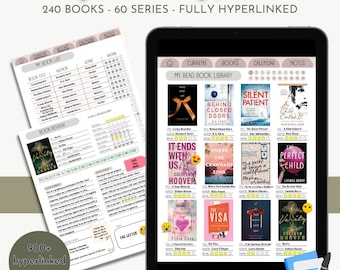 May include: Digital reading journal on a tablet, showcasing a digital library with book covers and a review page. The journal features book lists, reviews, and notes, with over 900 hyperlinked pages. The text at the top reads: Digital Reading Journal.