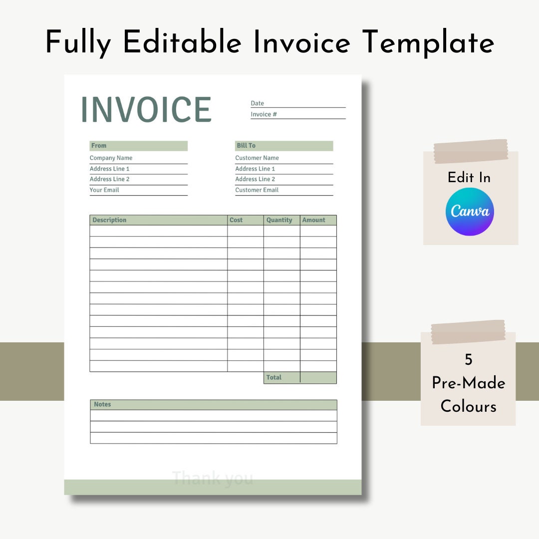 Printable Invoice Editable Template, Modern Invoice, Small Business ...
