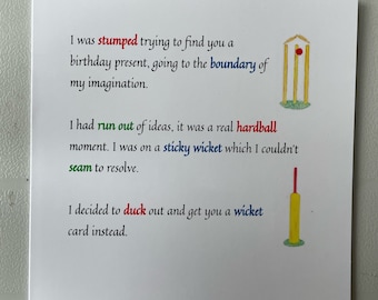 Humorous and funny Cricket birthday card for all cricket players, supporters and fans.