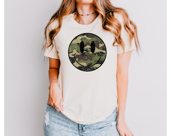 Camo Smile Face, Smiley Shirt, Happy Face, Happy Face Shirt, Groovy, Comfort Colors, Gildan Crewneck, Camo, Bella Canvas, Gildan Crewneck