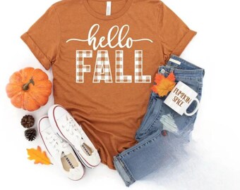 Hello Fall, Checkered, Fall Shirt, Halloween, Graphic Tee, Bella Canvas