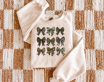 Camo Coquette Bow, Camping, Graphic Tee, Outdoors Shirt, Gildan Crewneck, Comfort Colors, Boxy Tee