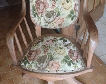 Antique Oak Office Chair 100+ Years Old - Original Floral Tapestry - Edwardian Swivel Chair - 100% Original Condition Captain's Chair