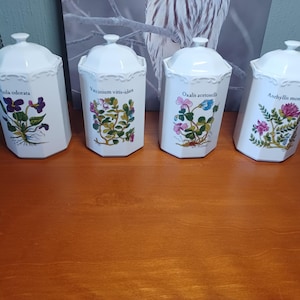 Op de afbeelding: Vier witte zeshoekige porseleinen potten met deksels, elk voorzien van een unieke botanische illustratie en Latijnse plantennaam: Viola odorata, Vaccinium vitis-idaea, Oxalis acetosella en Anthyllis montana. Elke pot heeft een decoratieve rand.